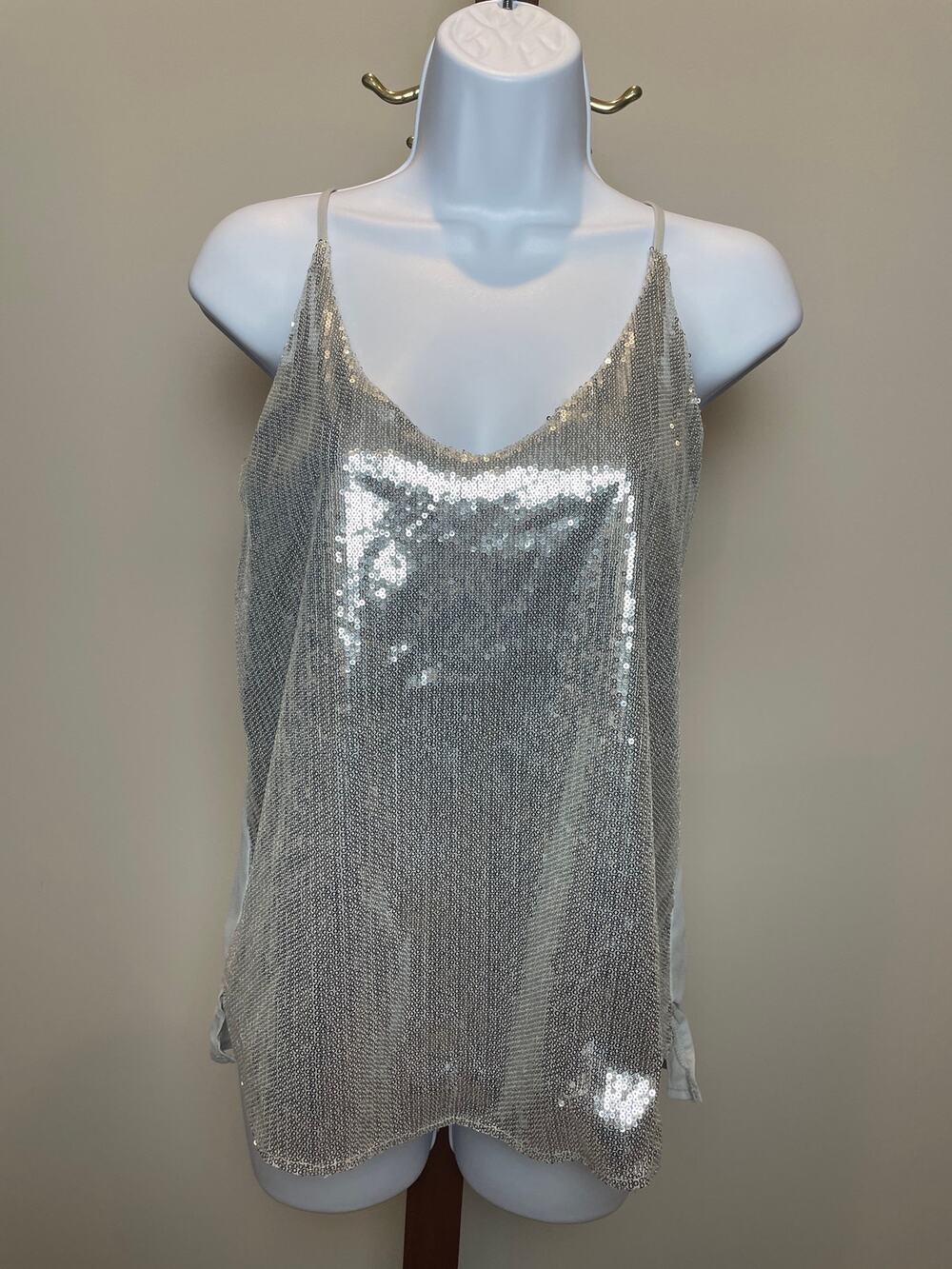 Shinestar Top Silver Sequin Spaghetti Strap V Neck Loose Fit Size M
